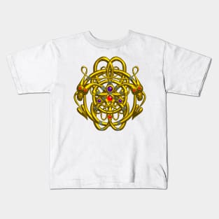 TWIN DRAGONS Gold Celtic Knots with Gemstones Fantasy Jewel Kids T-Shirt